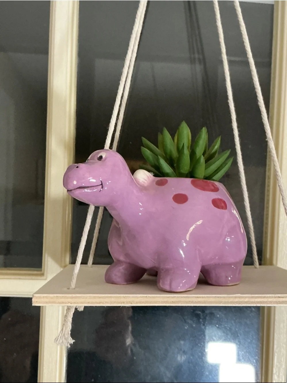 Pink Ceramic Dino Hanging Planter - Cute Wall Shelf Accent